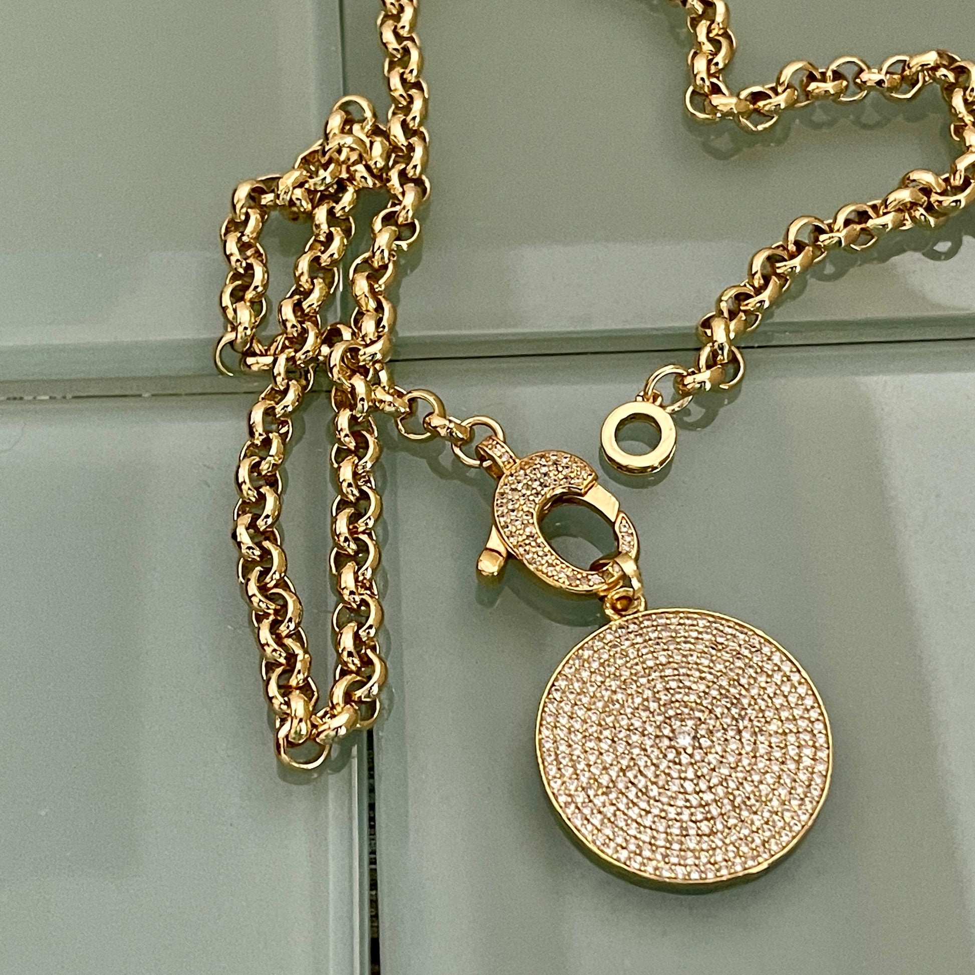 Gold Carabiner Rolo Chain Necklace-Gold Pave Disc Pendant-Choker Chain Necklace-CZ Lobster Closure-Removable Pendant-Gift For Her