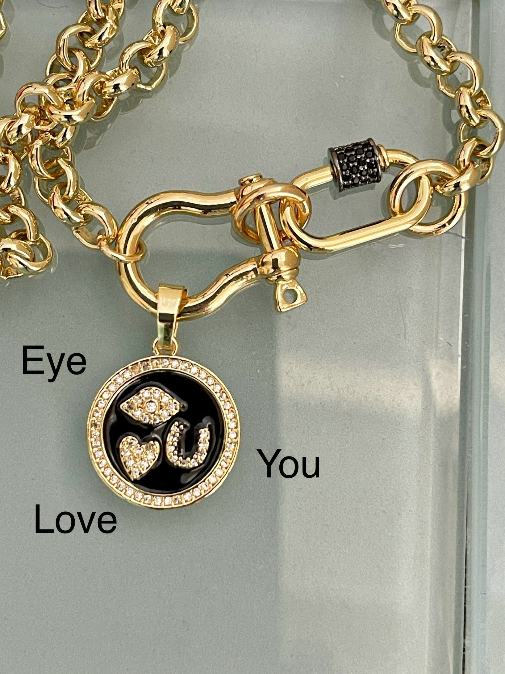 Gold Rolo Shackle Necklace-Gunmetal CZ Screw Carabiner-Black Enamel I Love You Pictogram Charm-Lobster Closure-Gift For Her