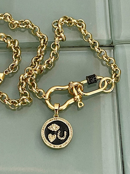 Gold Rolo Shackle Necklace-Gunmetal CZ Screw Carabiner-Black Enamel I Love You Pictogram Charm-Lobster Closure-Gift For Her