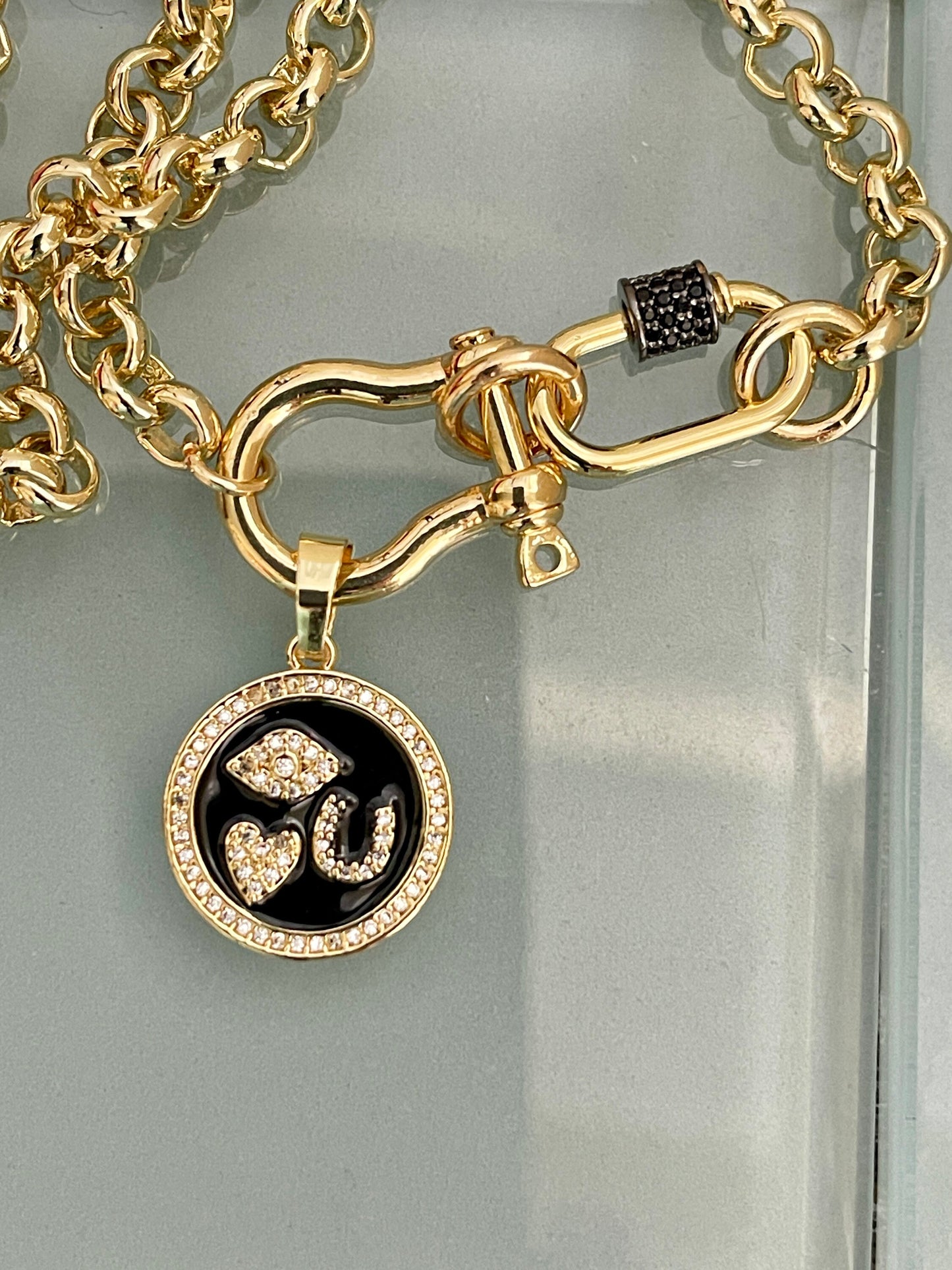 Gold Rolo Shackle Necklace-Gunmetal CZ Screw Carabiner-Black Enamel I Love You Pictogram Charm-Lobster Closure-Gift For Her