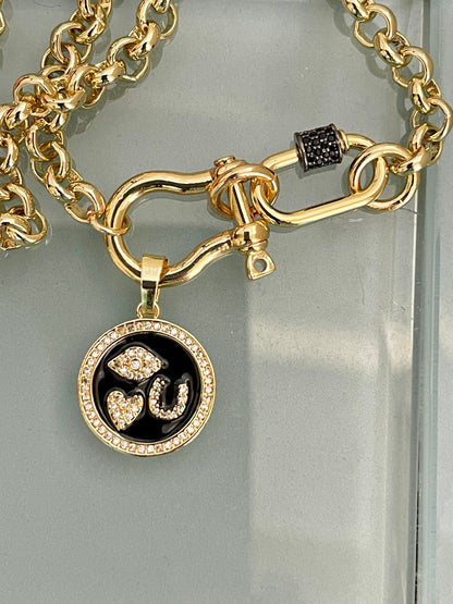 Gold Rolo Shackle Necklace-Gunmetal CZ Screw Carabiner-Black Enamel I Love You Pictogram Charm-Lobster Closure-Gift For Her