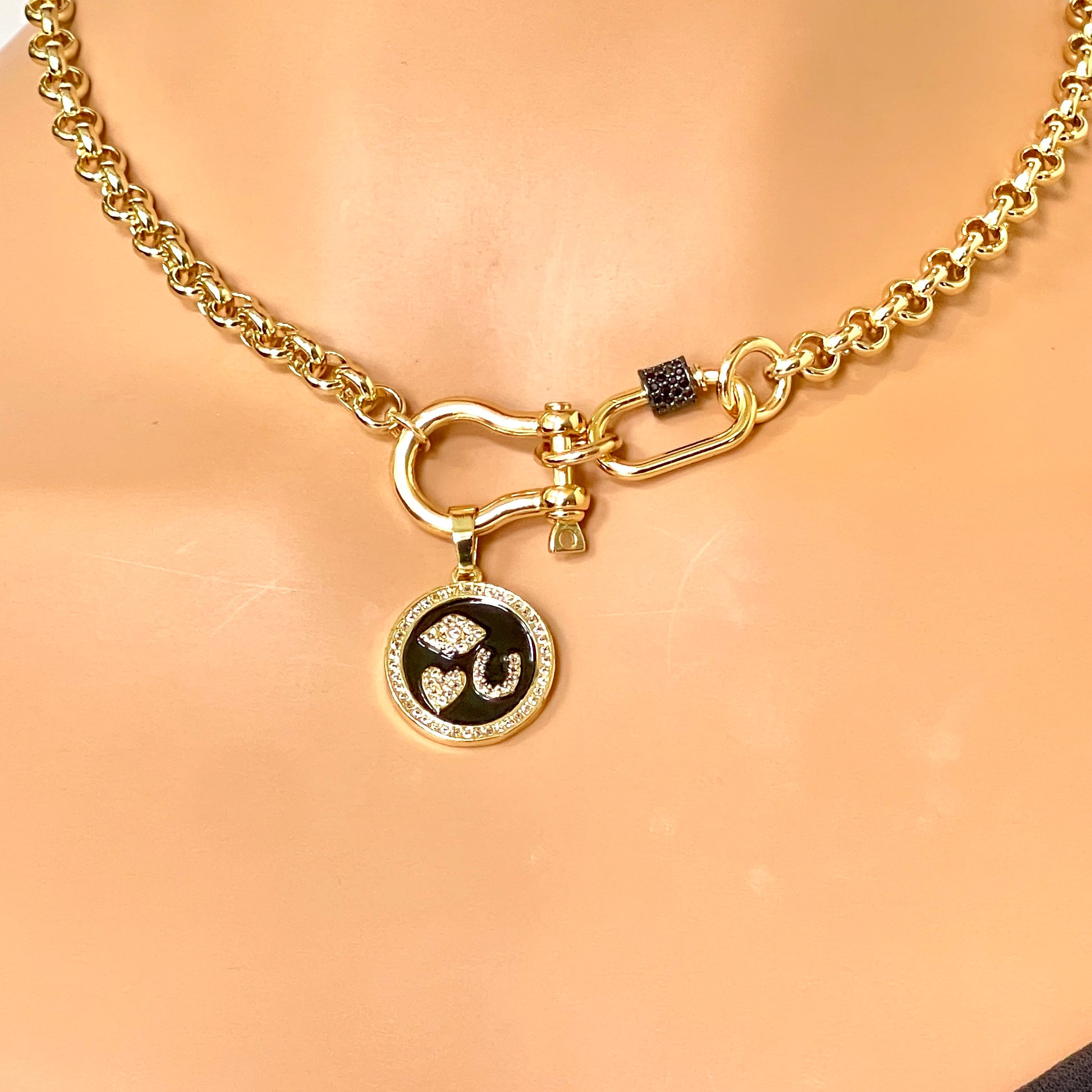 Gold Rolo Shackle Necklace-Gunmetal CZ Screw Carabiner-Black Enamel I Love You Pictogram Charm-Lobster Closure-Gift For Her