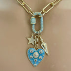 Chunky Gold Rolo Chain Necklace: Turquoise CZ Heart, Star, Arrow Charms