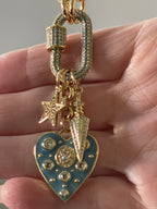 Chunky Gold Rolo Chain Necklace: Turquoise CZ Heart, Star, Arrow Charms
