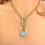 Chunky Gold Rolo Chain Necklace: Turquoise CZ Heart, Star, Arrow Charms