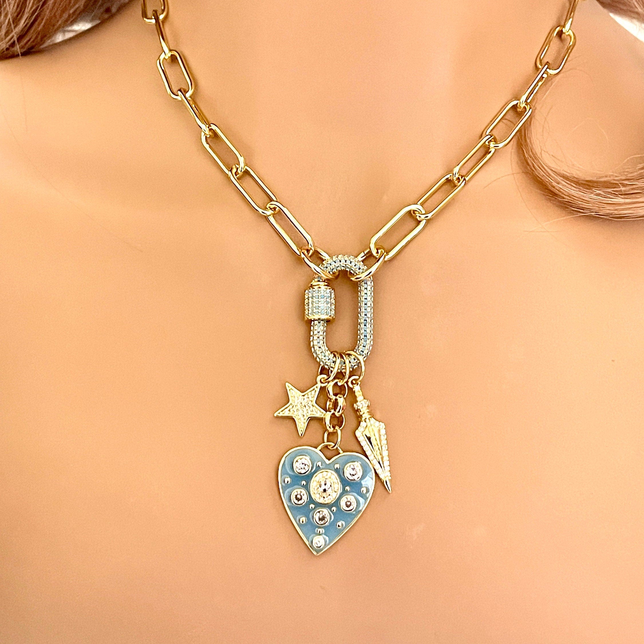 Chunky Gold Rolo Chain Necklace: Turquoise CZ Heart, Star, Arrow Charms