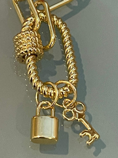 Gold Carabiner Chain Necklace--Gold Padlock And Key Charms-Paperclip Link Chain-Gold Rope Carabiner Clasp-Chain Choker Necklace