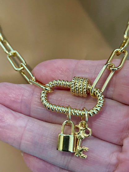 Gold Carabiner Chain Necklace--Gold Padlock And Key Charms-Paperclip Link Chain-Gold Rope Carabiner Clasp-Chain Choker Necklace