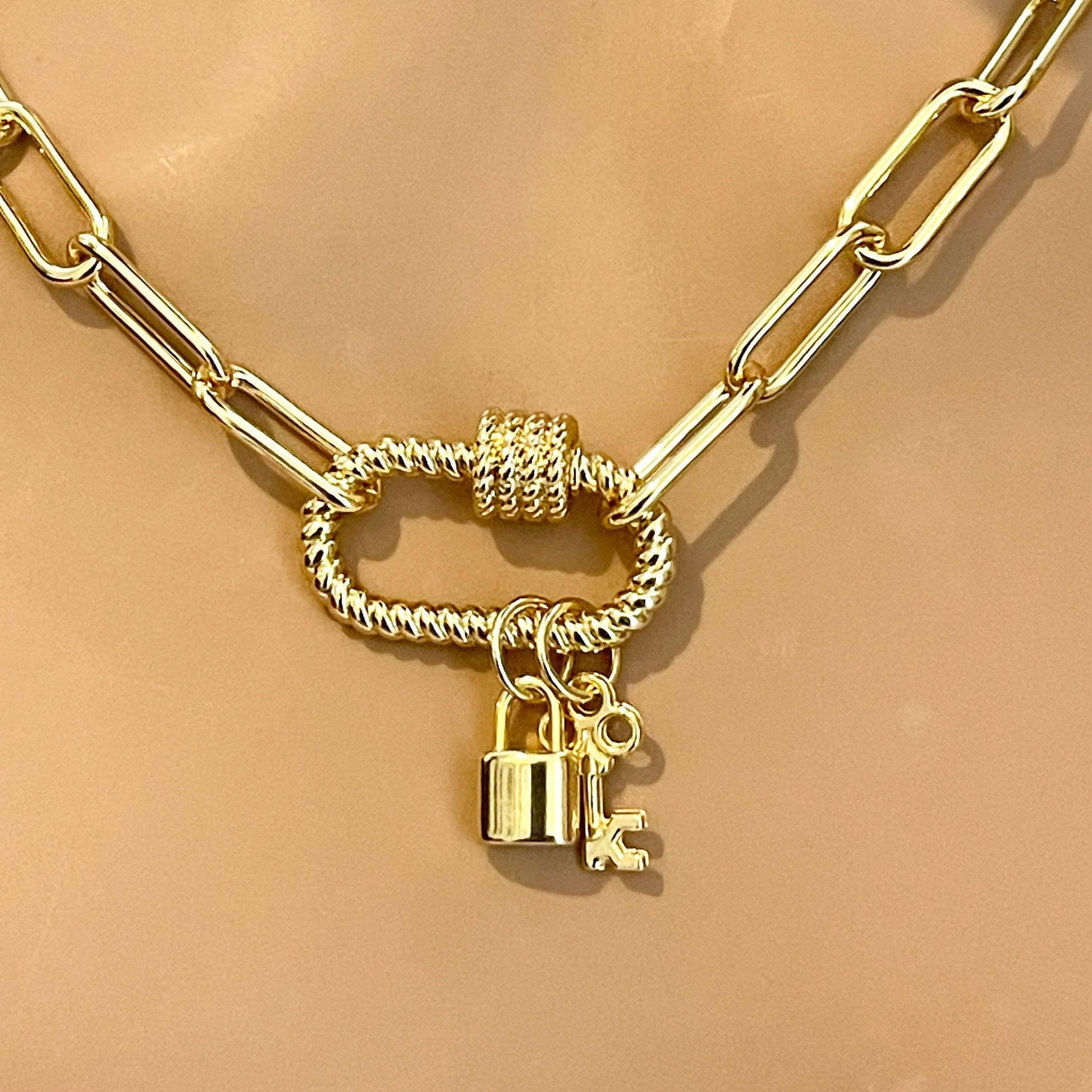 Gold Carabiner Chain Necklace-Gold Padlock And Key Charms