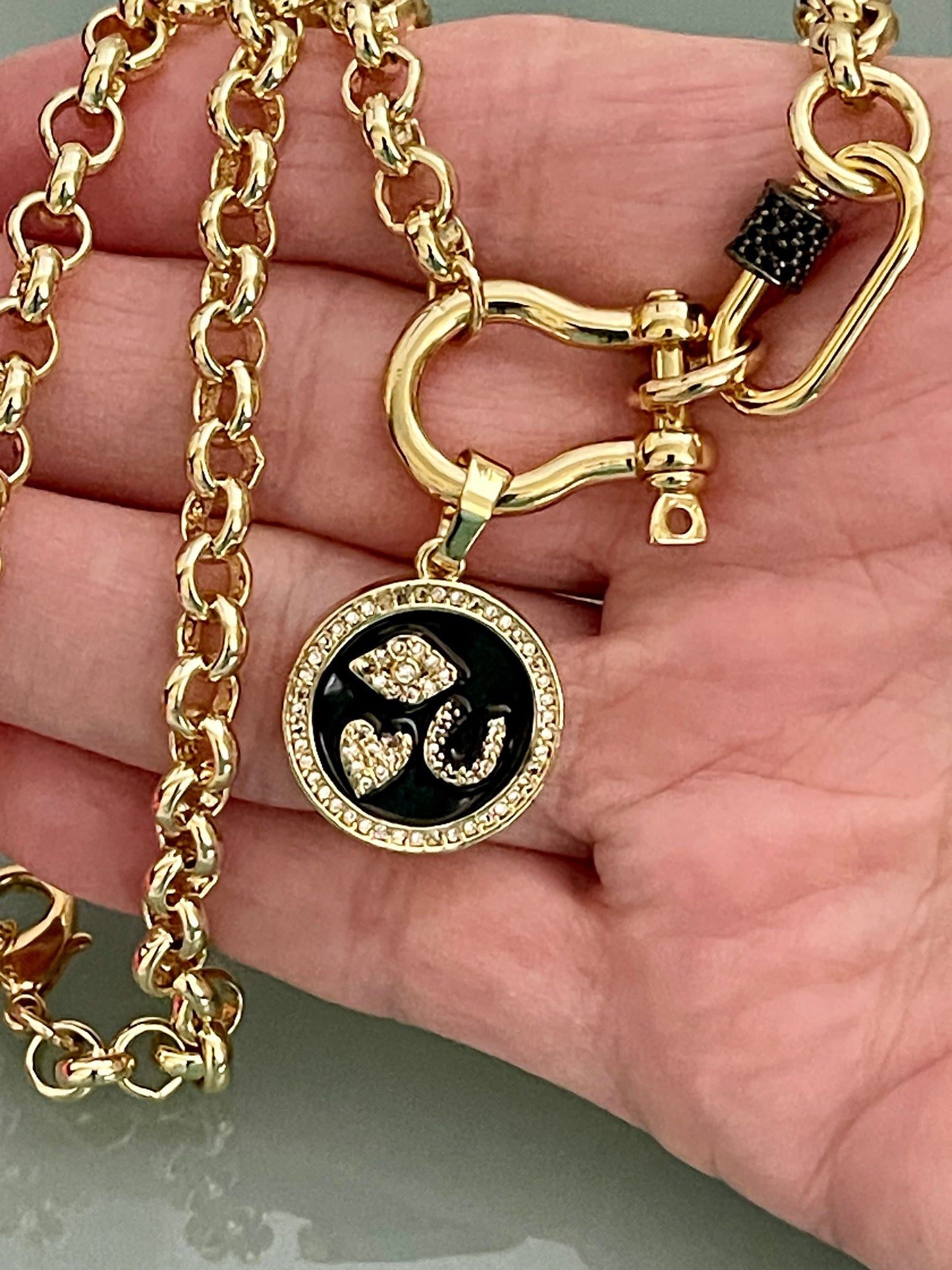 Gold Rolo Shackle Necklace-Gunmetal CZ Screw Carabiner-Black Enamel I Love You Pictogram Charm-Lobster Closure-Gift For Her