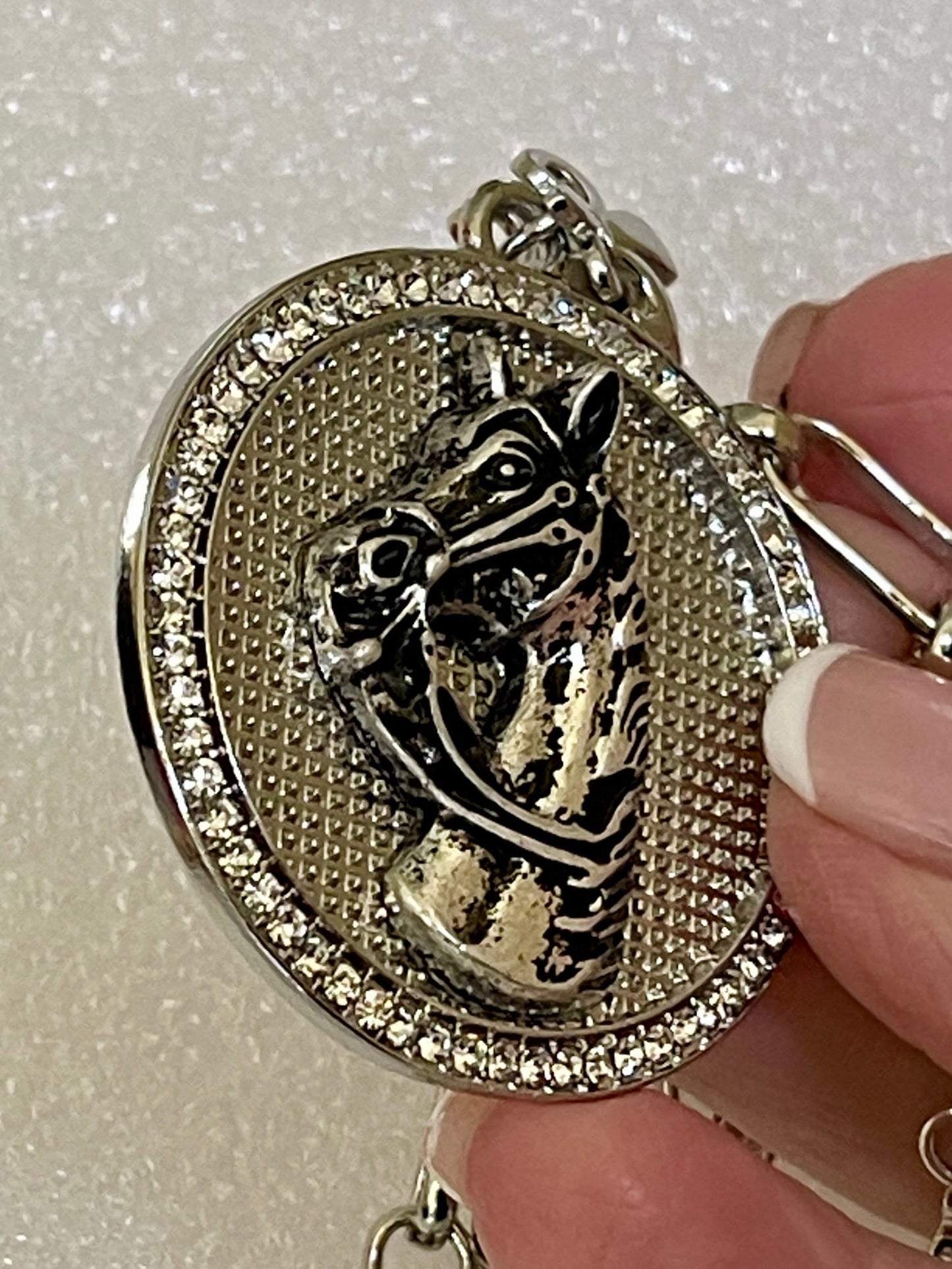 Silver Horse Pendant with CZ- Multilink Necklace Chain- Round Horse Charm- Equestrian Charm-Horse Equestrian Pendant, 2 Color options