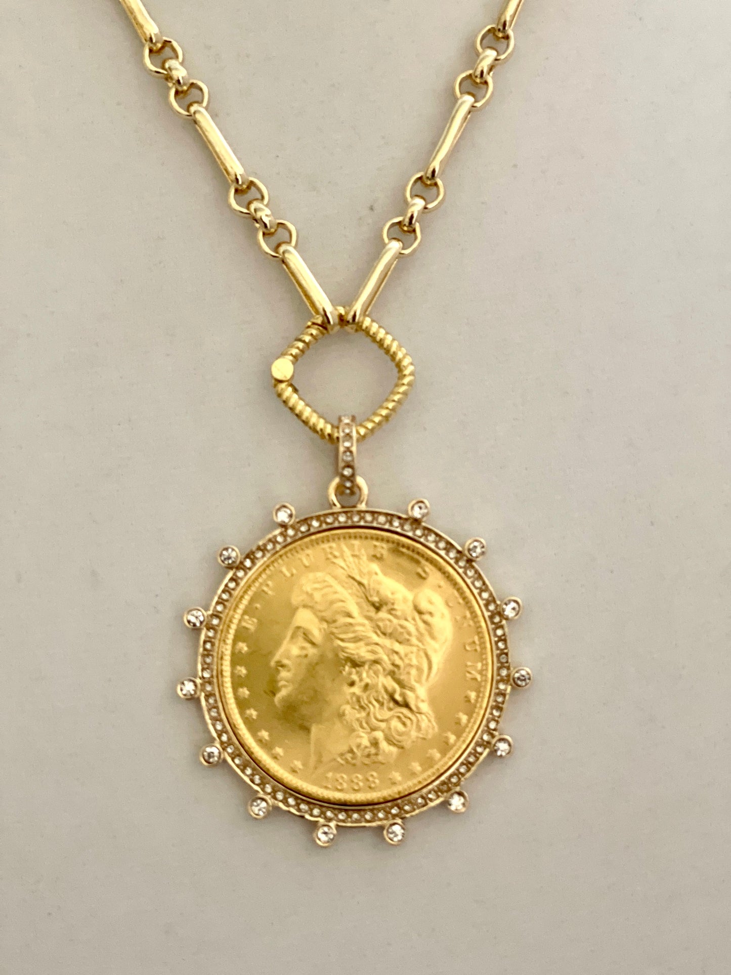 Gold Chain Coin Necklace-Gold Multi-Link Chain-Gold Reproduction Morgan Peace Dollar Coin- Cubic Zirconia Bezel -Spring Lock Clasp