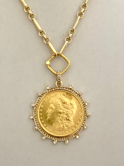 Gold Coin Necklace-Gold Multi-Link Chain- Reproduction Morgan Peace Dollar Coin- Cubic Zirconia Bezel -Spring Lock Clasp-Gift For Her