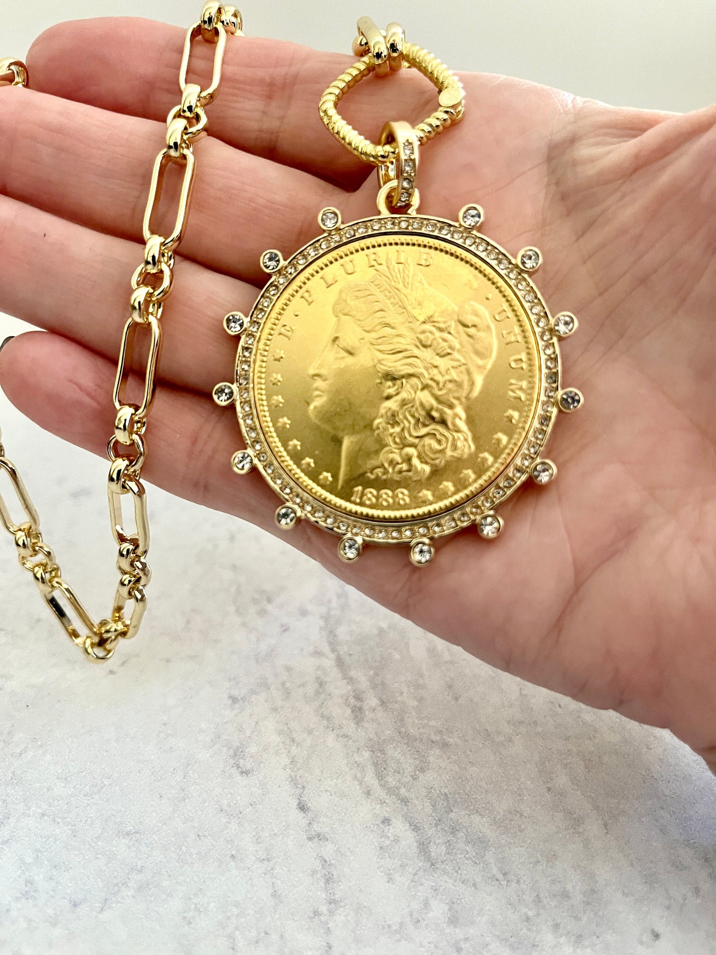 Gold Chain Coin Necklace-Gold Multi-Link Chain-Gold Reproduction Morgan Peace Dollar Coin- Cubic Zirconia Bezel -Spring Lock Clasp