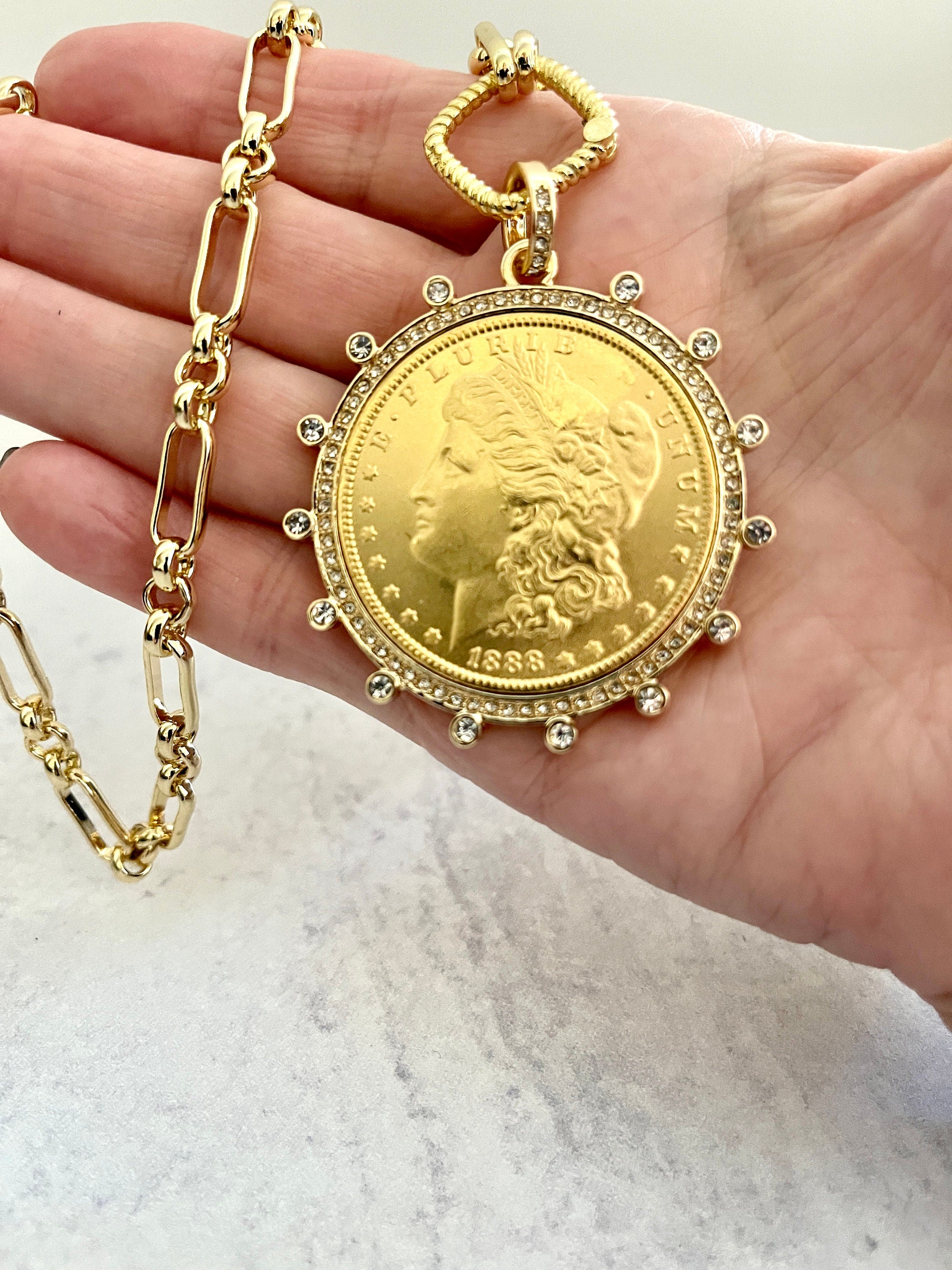 Gold Morgan Dollar Coin Necklace – Cubic Zirconia Bezel