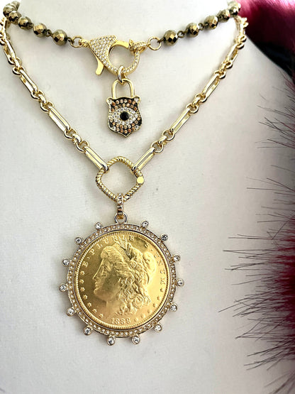 Gold Chain Coin Necklace-Gold Multi-Link Chain-Gold Reproduction Morgan Peace Dollar Coin- Cubic Zirconia Bezel -Spring Lock Clasp