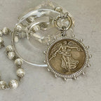 Silver Vintage Coin Necklace-Porcelain Pearl Chain Necklace-Reproduction Coin Pendant-Pearl and Cubic Zirconia Bezel Coin-Spring Lock Clasp