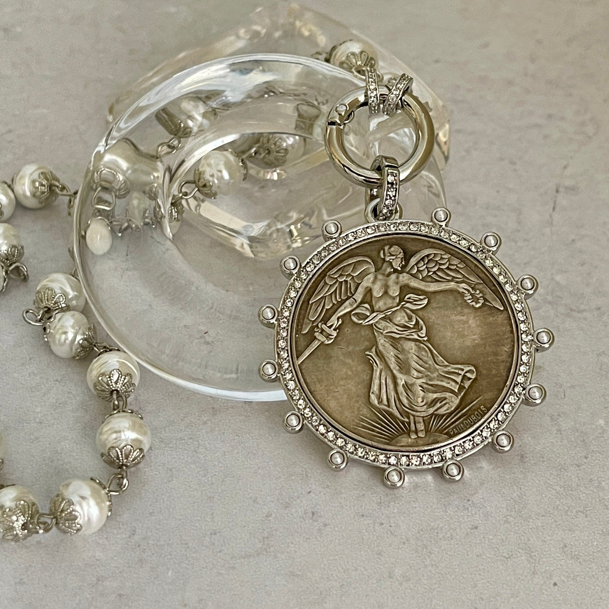 Silver Vintage Coin Necklace-Porcelain Pearl Chain Necklace-Reproduction Coin Pendant-Pearl and Cubic Zirconia Bezel Coin-Spring Lock Clasp