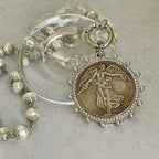 Vintage Coin Pendant Necklace: Porcelain Pearl Chain, CZ Bezel