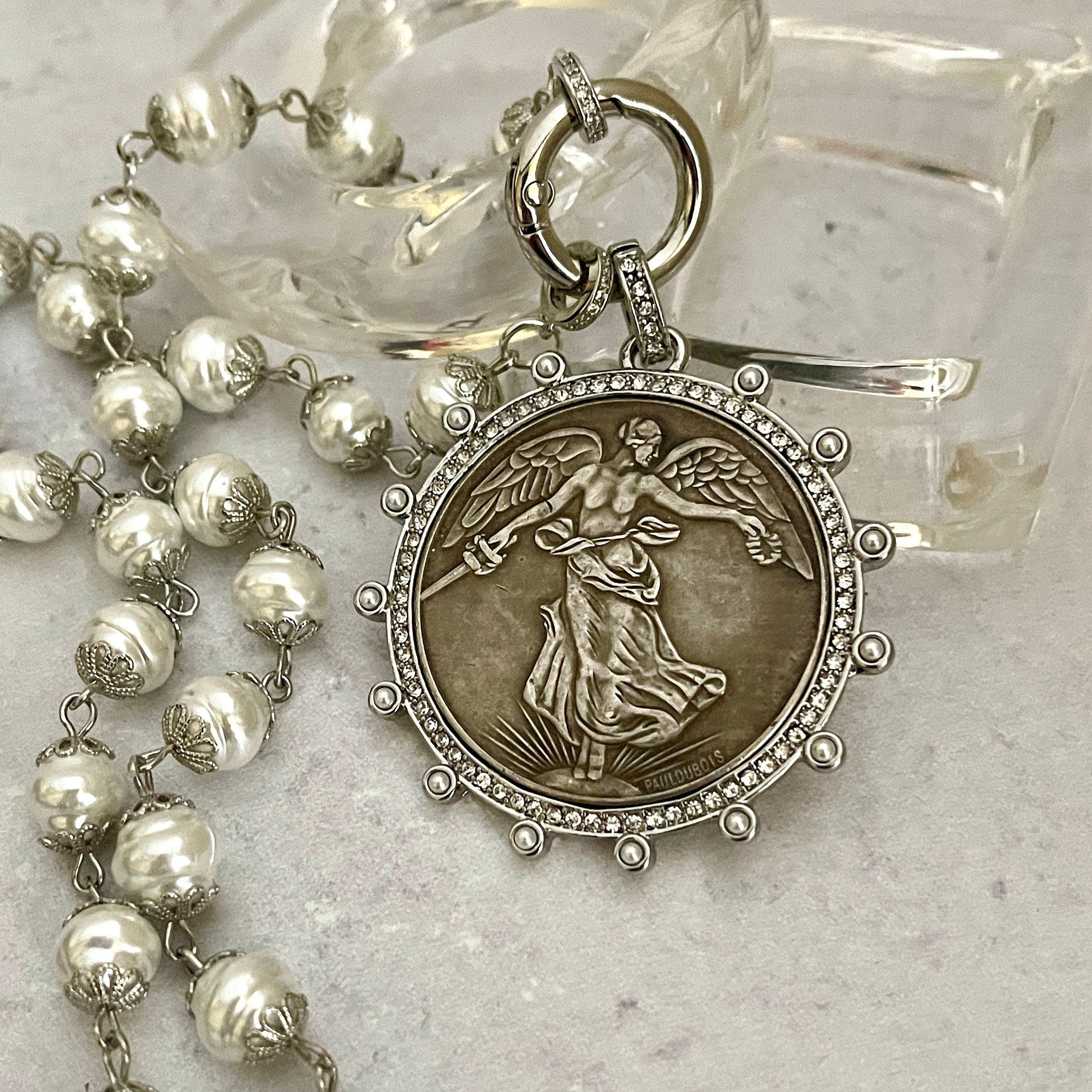 Silver Vintage Coin Necklace-Porcelain Pearl Chain Necklace-Reproduction Coin Pendant-Pearl and Cubic Zirconia Bezel Coin-Spring Lock Clasp