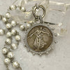 Silver Vintage Coin Necklace-Porcelain Pearl Chain-Pearl and Zirconia