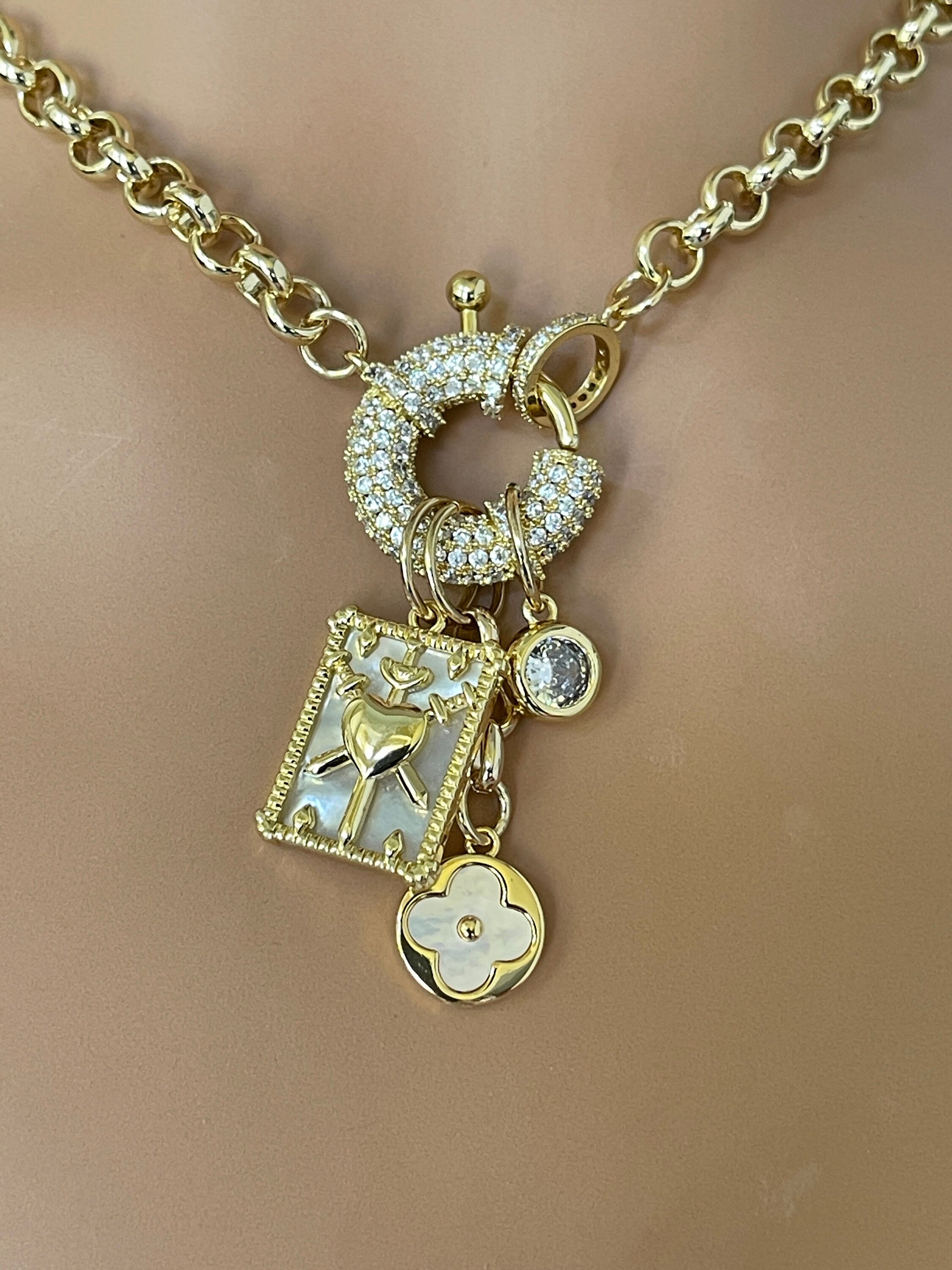 Gold Charm Necklace: Mother of Pearl Pendants, CZ Mariner Clasp