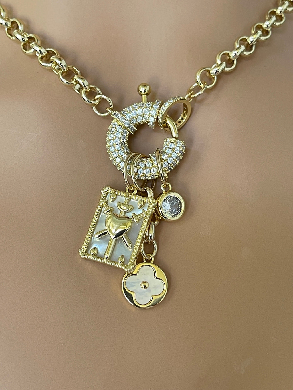 Gold Charm Necklace: Mother of Pearl Pendants, CZ Mariner Clasp