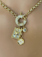 Gold Charm Necklace: Mother of Pearl Pendants, CZ Mariner Clasp
