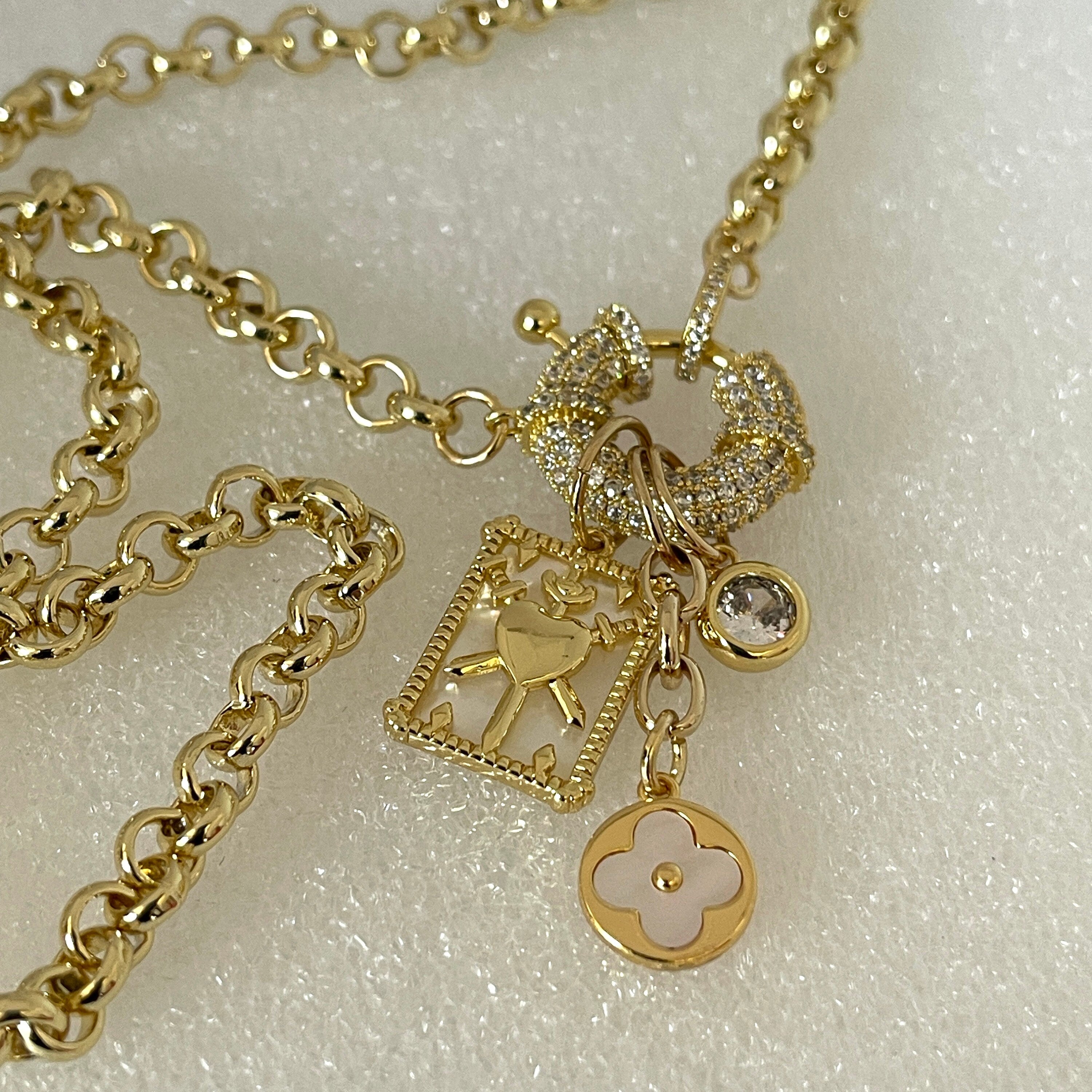 Gold Charm Necklace: Mother of Pearl Pendants, CZ Mariner Clasp