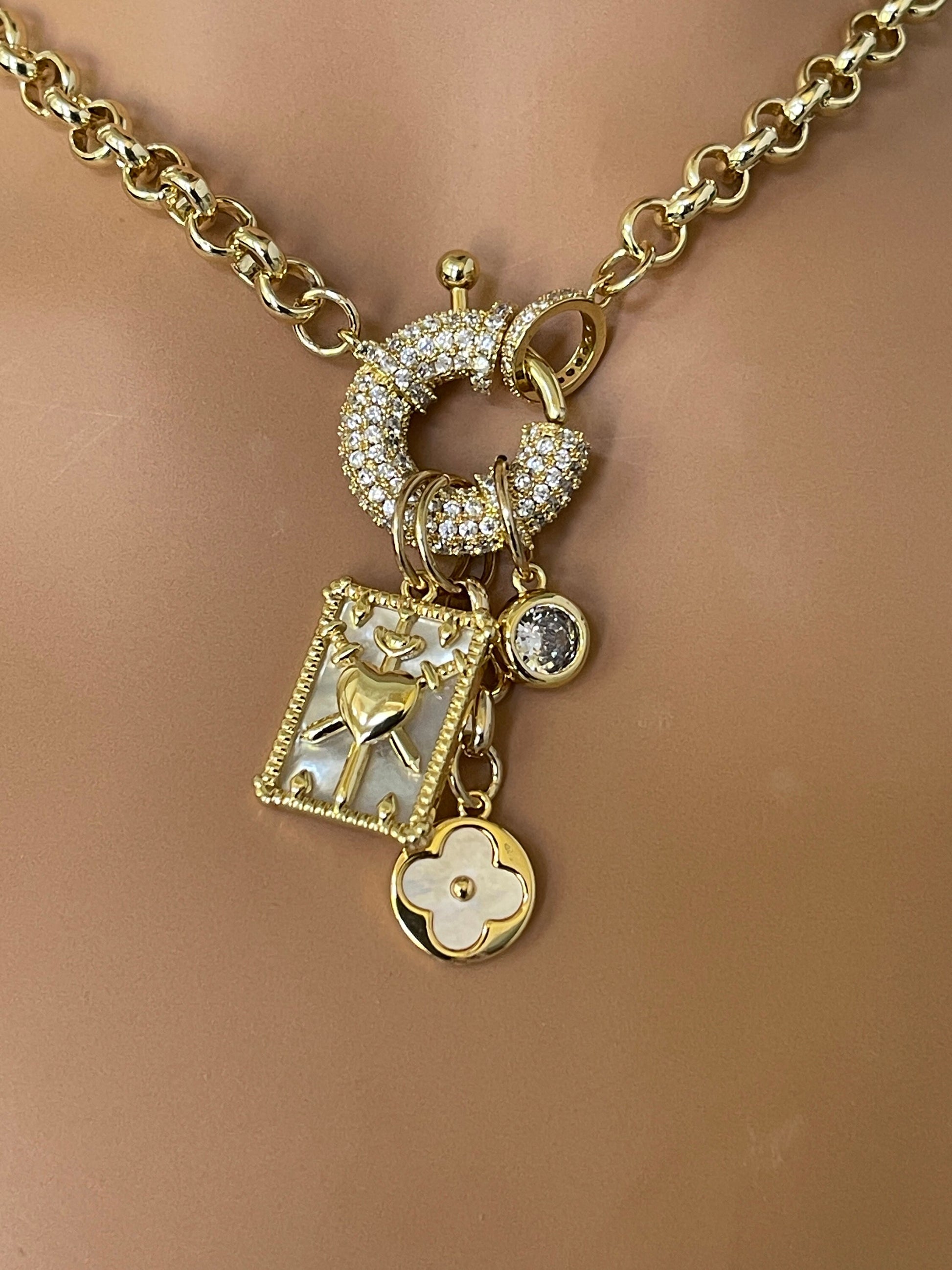 Gold Multiple Charm Necklace-Rolo Chain Necklace-CZ Mariner Clasp-Mother Of Pearl Pendants-CZ Stone-Gift For Her