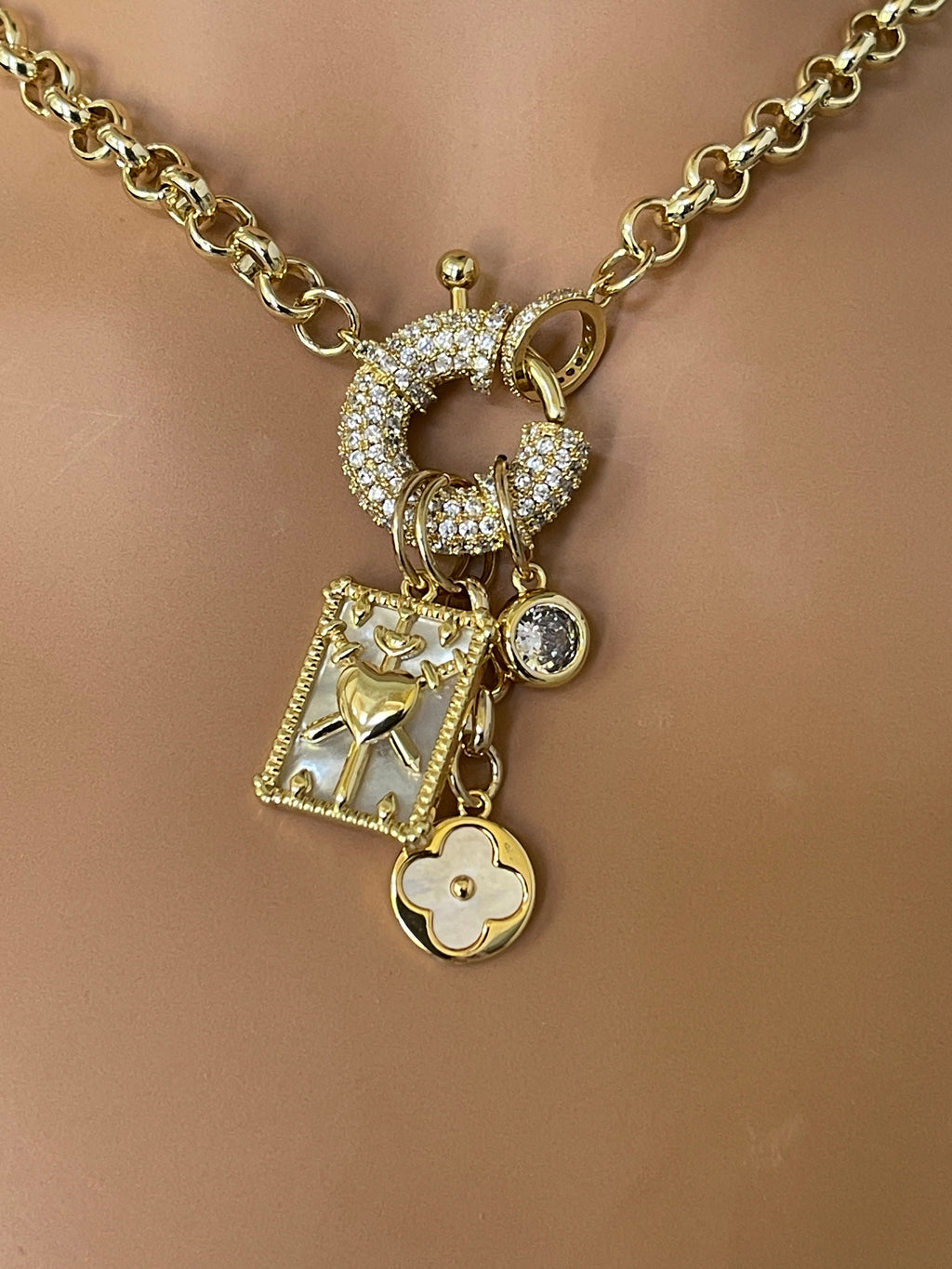 Gold Charm Necklace: Mother of Pearl Pendants, CZ Mariner Clasp