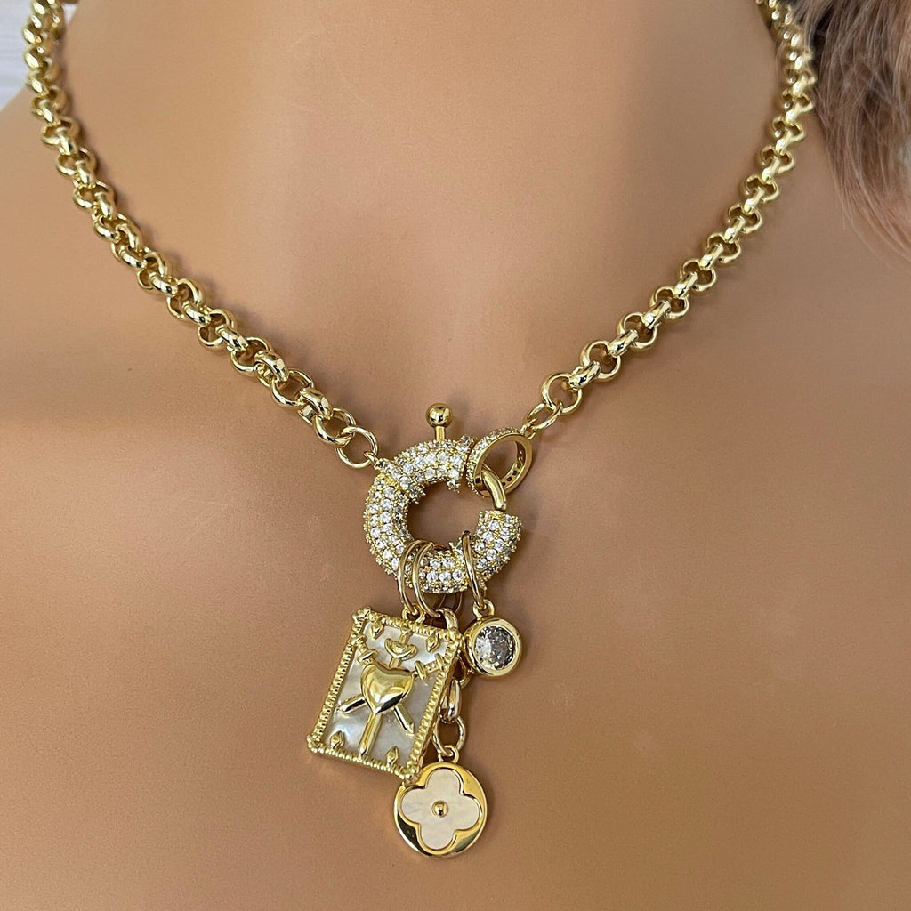 Gold Charm Necklace: Mother of Pearl Pendants, CZ Mariner Clasp