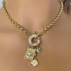 Gold Charm Necklace: Mother of Pearl Pendants, CZ Mariner Clasp