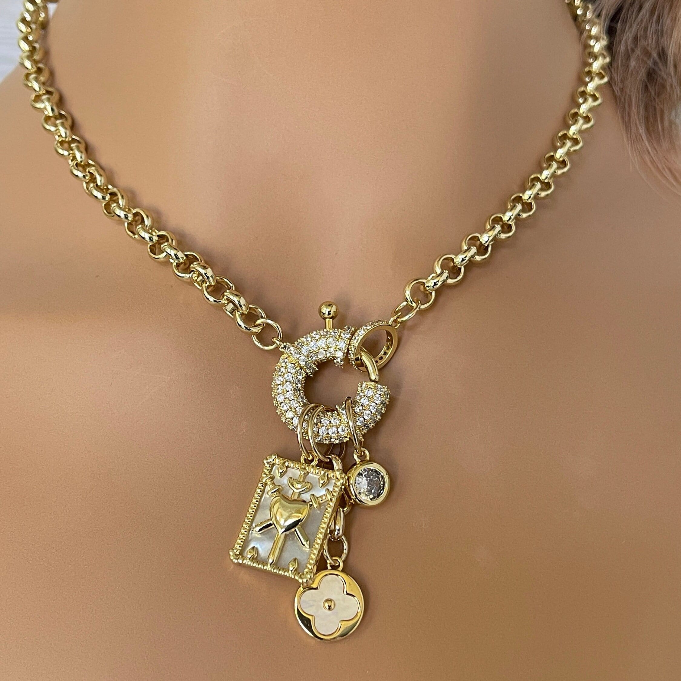 Gold Charm Necklace: Mother of Pearl Pendants, CZ Mariner Clasp