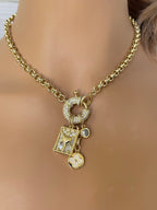Gold Charm Necklace: Mother of Pearl Pendants, CZ Mariner Clasp