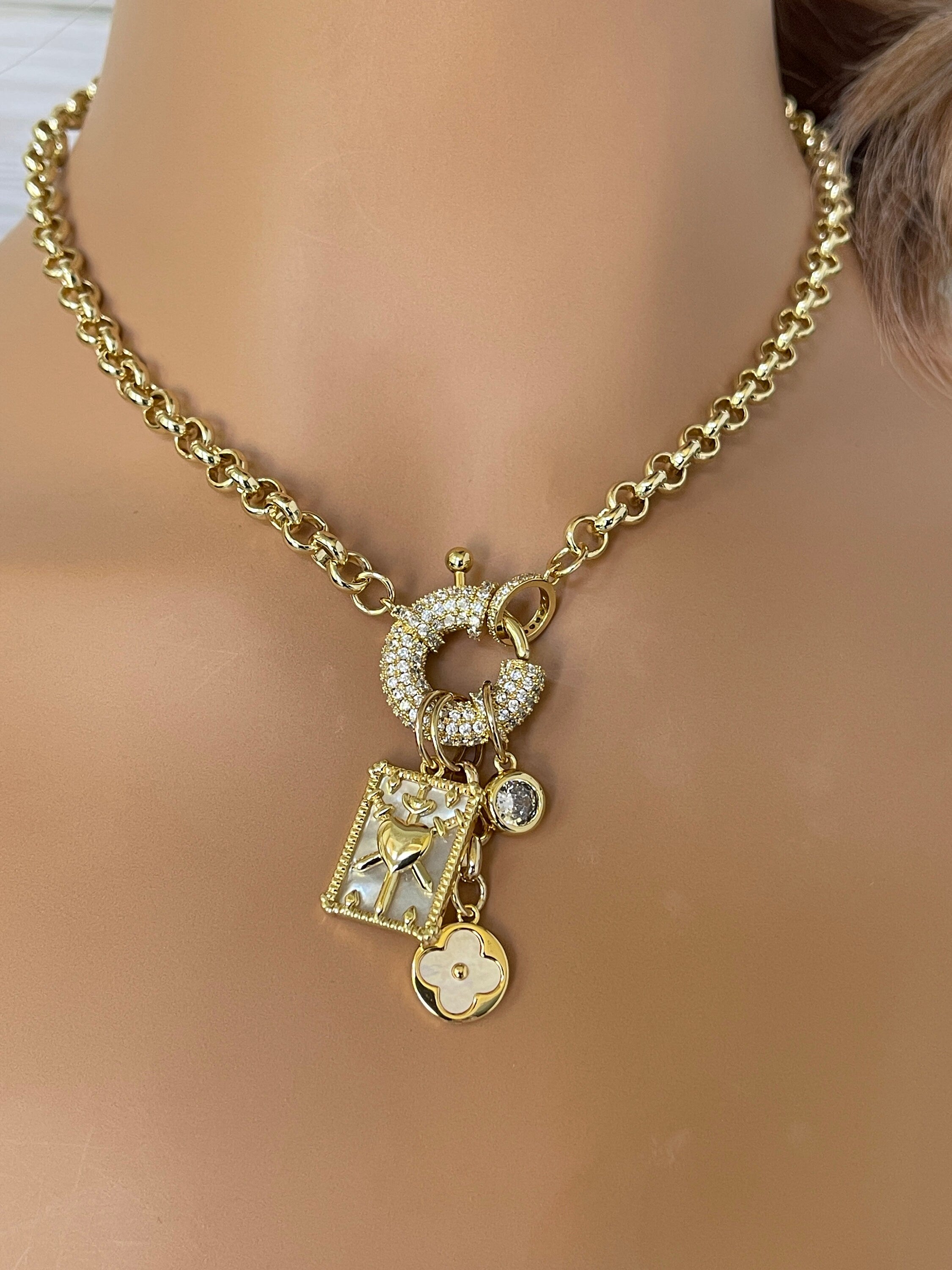 Gold Charm Necklace: Mother of Pearl Pendants, CZ Mariner Clasp