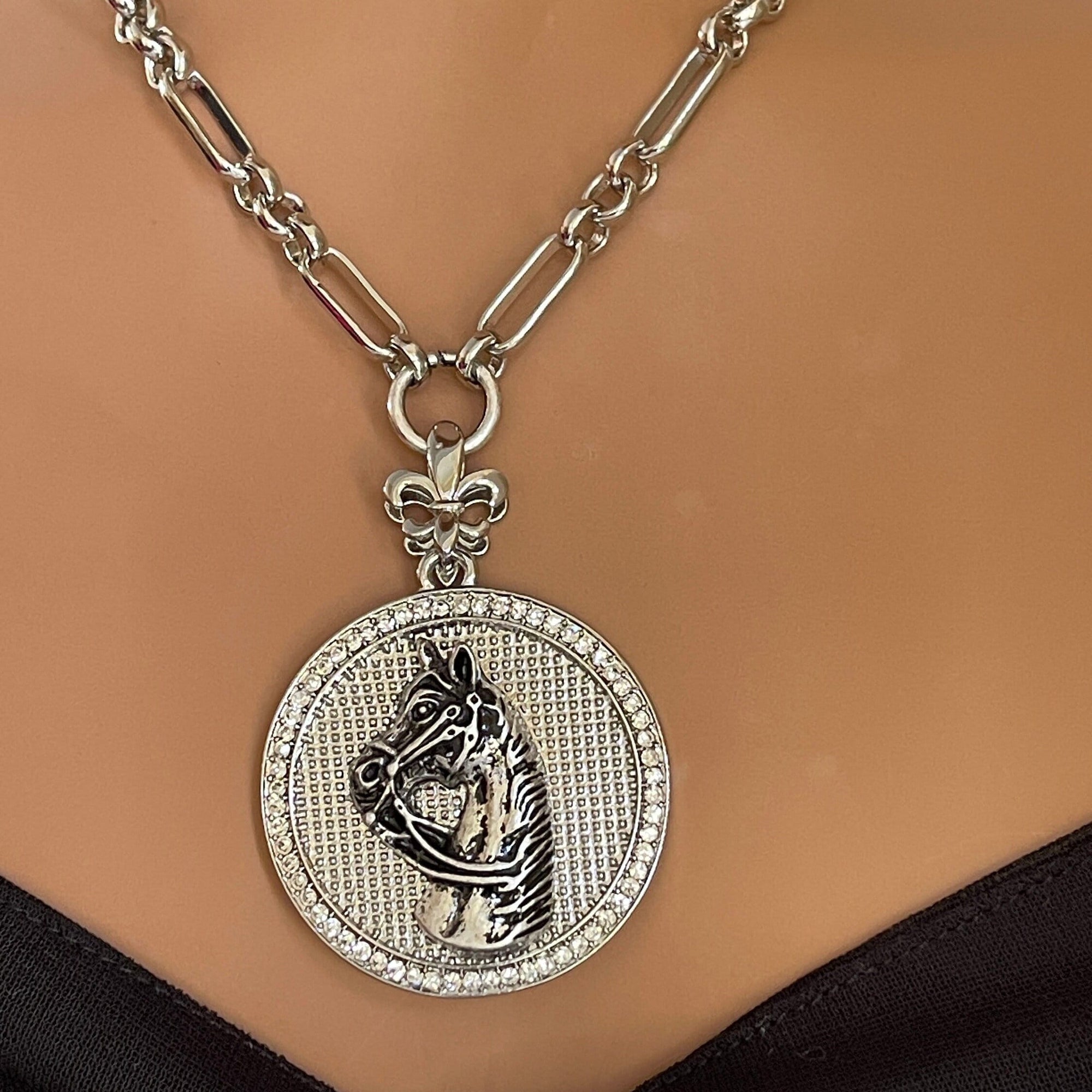 Silver Horse Pendant with CZ- Multilink Necklace Chain- Round Horse Charm- Equestrian Charm-Horse Equestrian Pendant, 2 Color options