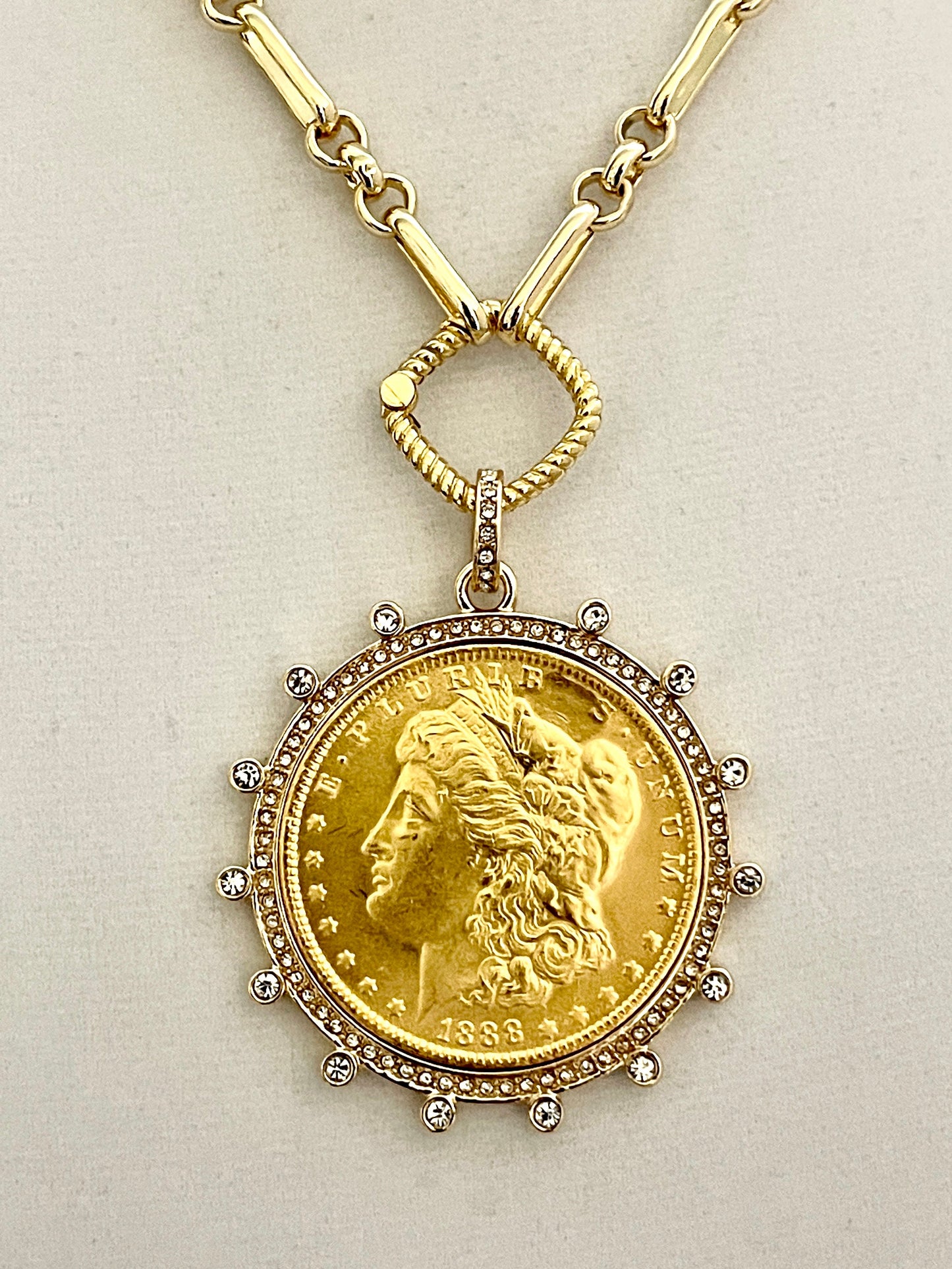 Gold Chain Coin Necklace-Gold Multi-Link Chain-Gold Reproduction Morgan Peace Dollar Coin- Cubic Zirconia Bezel -Spring Lock Clasp