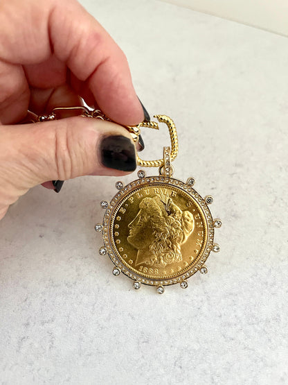 Gold Chain Coin Necklace-Gold Multi-Link Chain-Gold Reproduction Morgan Peace Dollar Coin- Cubic Zirconia Bezel -Spring Lock Clasp