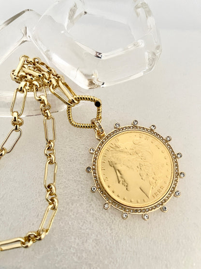 Gold Chain Coin Necklace-Gold Multi-Link Chain-Gold Reproduction Morgan Peace Dollar Coin- Cubic Zirconia Bezel -Spring Lock Clasp