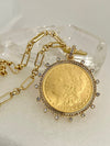 Gold Coin Necklace-Gold Multi-Link Chain- Reproduction Morgan Peace Dollar Coin- Cubic Zirconia Bezel -Spring Lock Clasp-Gift For Her