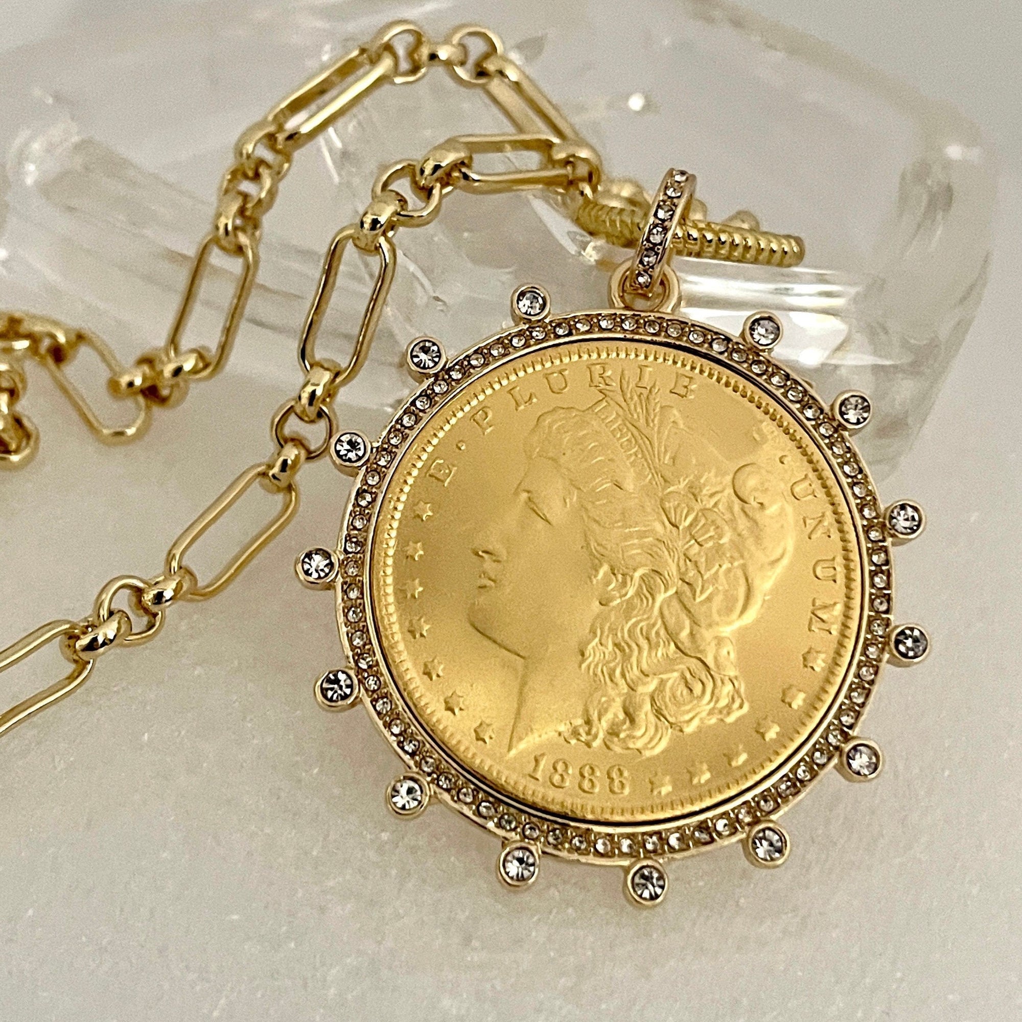 Gold Chain Coin Necklace-Gold Multi-Link Chain-Gold Reproduction Morgan Peace Dollar Coin- Cubic Zirconia Bezel -Spring Lock Clasp