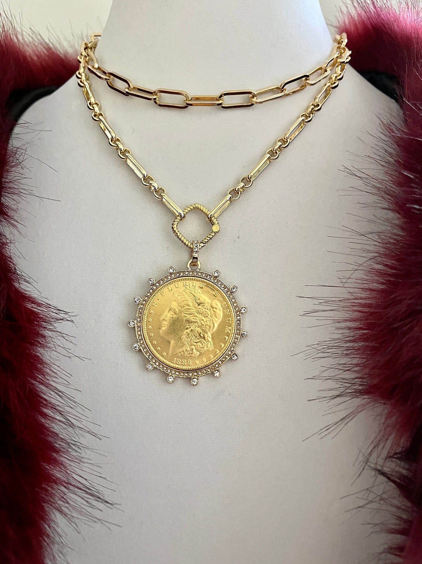 Gold Chain Coin Necklace-Gold Multi-Link Chain-Gold Reproduction Morgan Peace Dollar Coin- Cubic Zirconia Bezel -Spring Lock Clasp