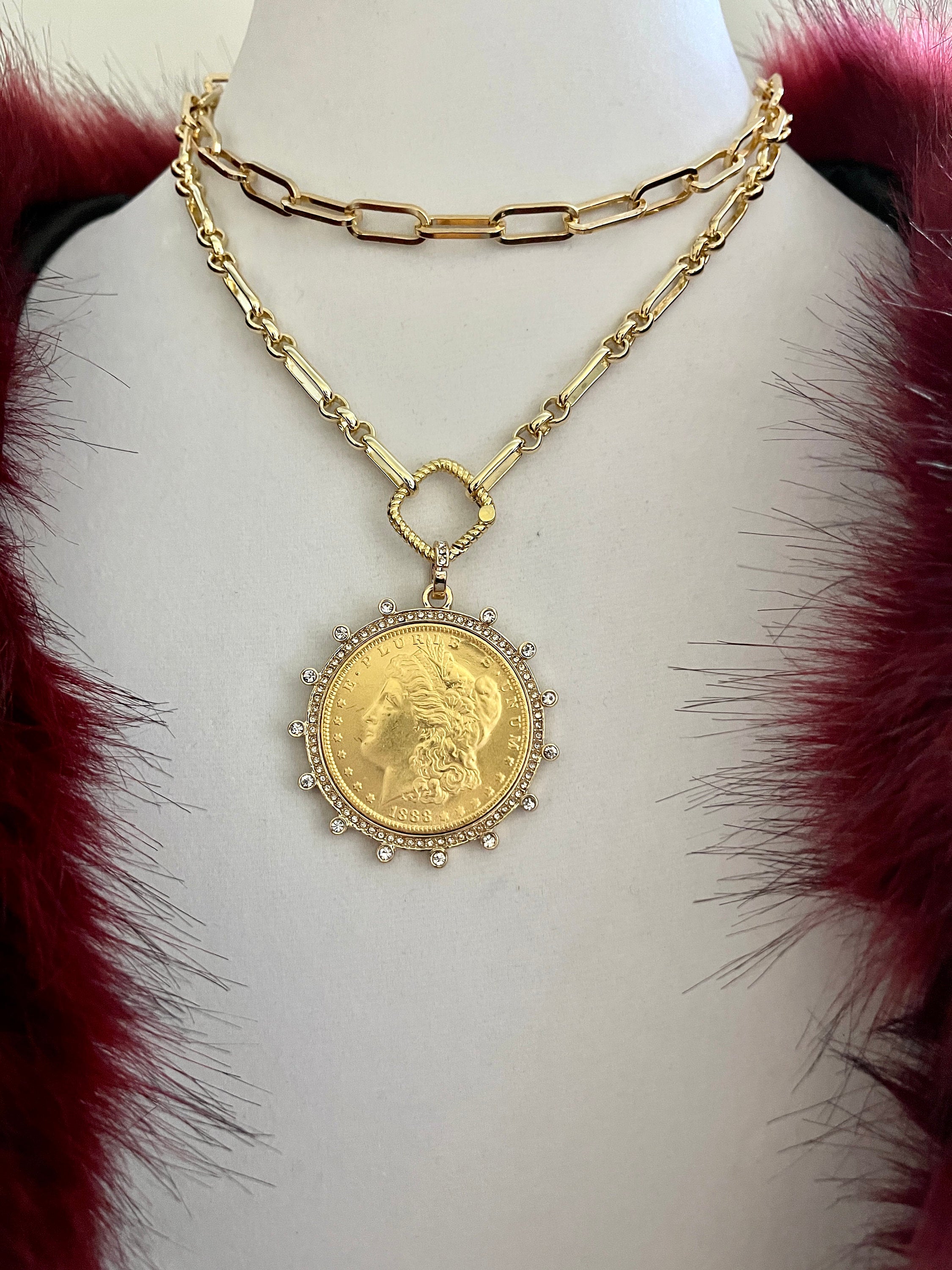 Gold Morgan Dollar Coin Necklace – Cubic Zirconia Bezel