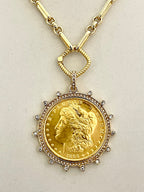 Gold Morgan Dollar Coin Necklace – Cubic Zirconia Bezel