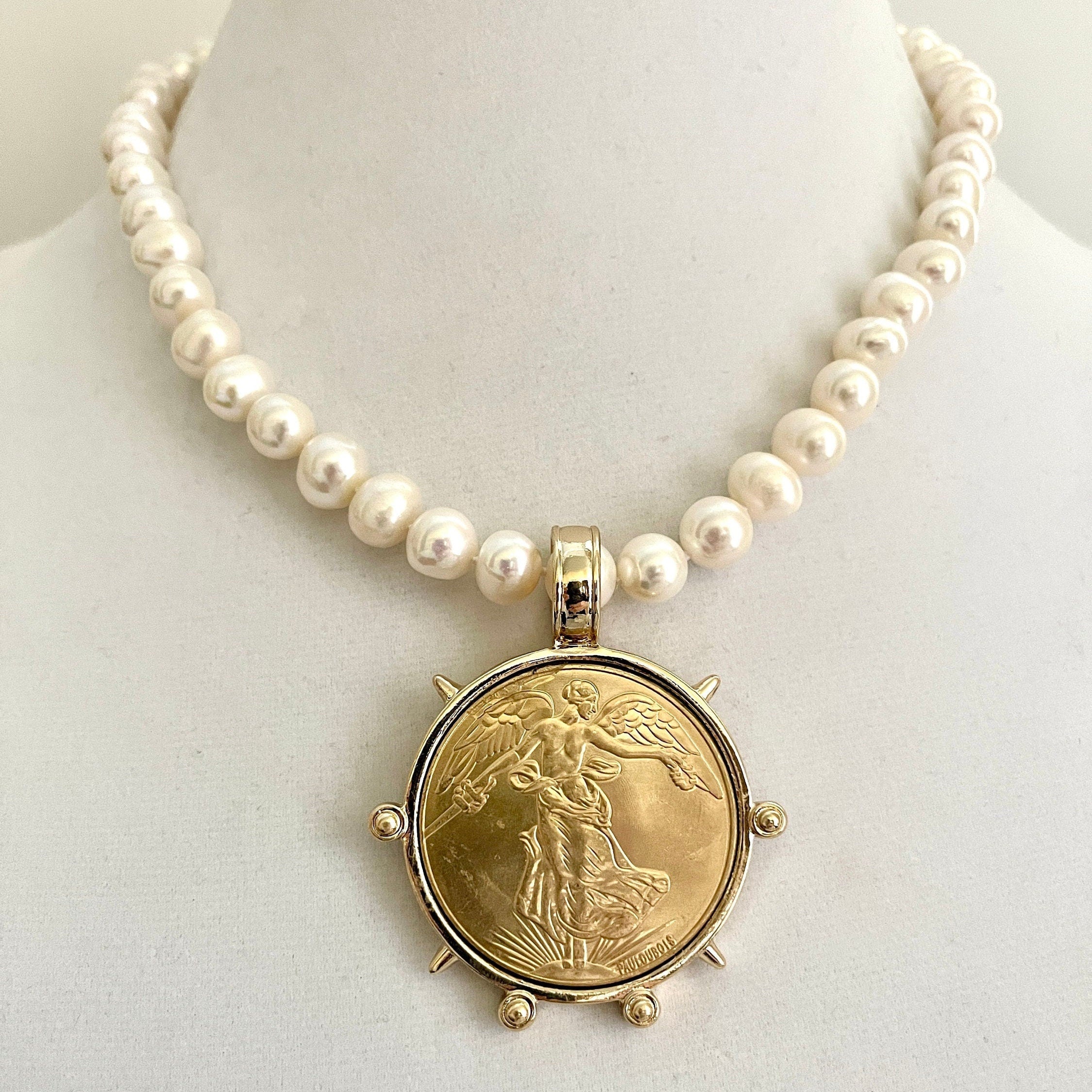 Freshwater Pearl Necklace-Gold Reproduction French Coin-Commemorative Medal- Antique Style -Spiked Bezel Pendant-Gift For Her