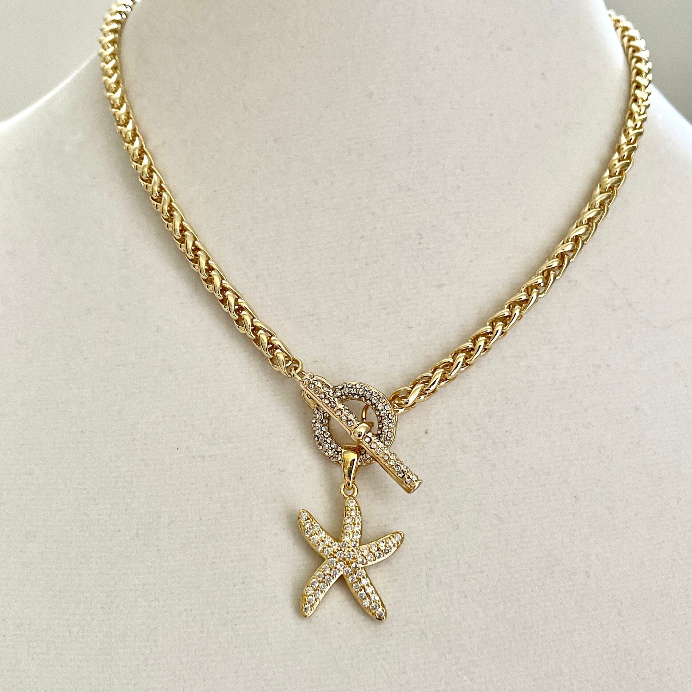 Gold Starfish Pendant Necklace – CZ Toggle Clasp, Wheat Rope Chain