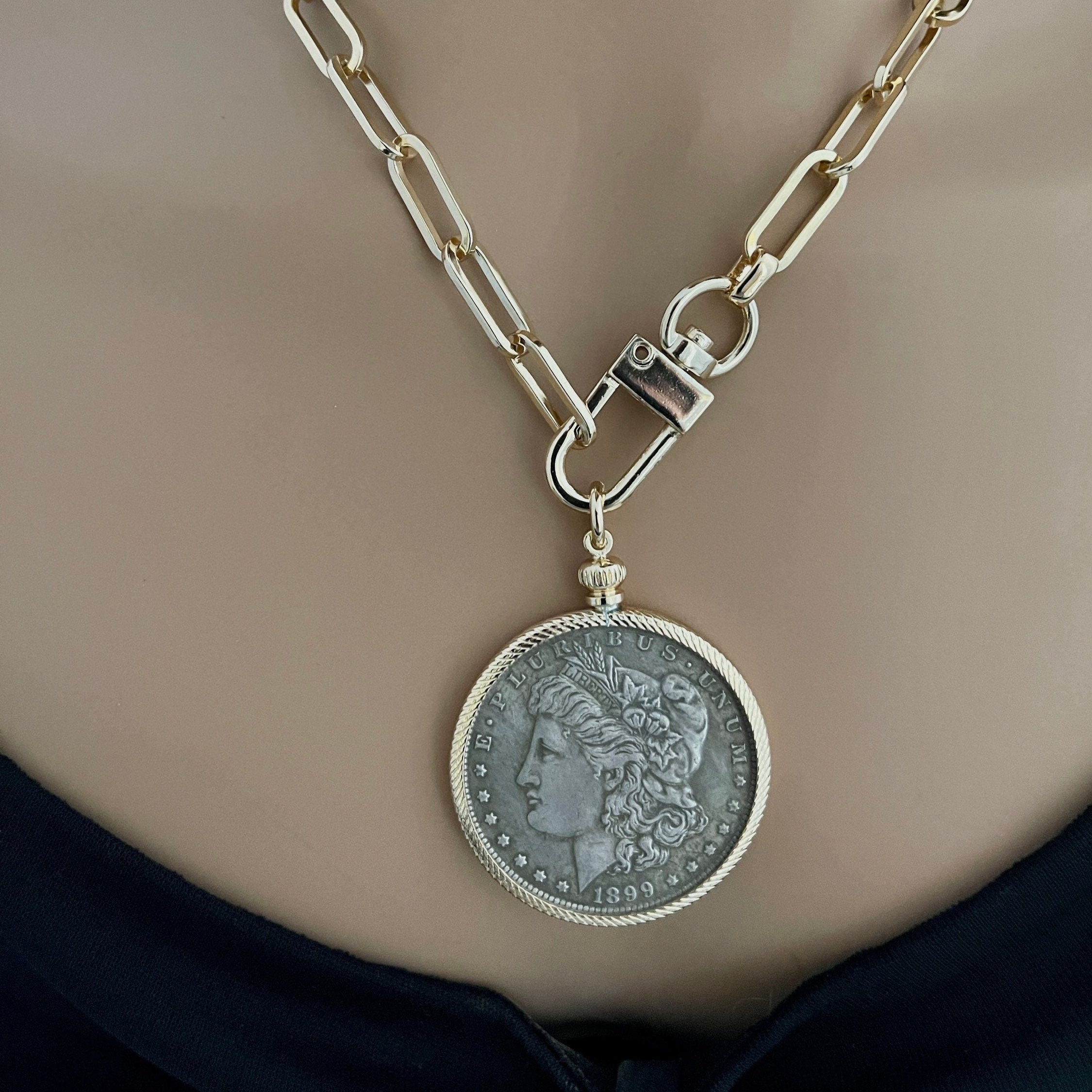 Unique Liberty Coin Necklace - Burnished Silver Pendant - Gold Bezel - Gold Paperclip Chain-Reproduction Vintage Coin Jewelry-Gift For Her