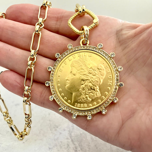 Gold Coin Necklace-Gold Multi-Link Chain- Reproduction Morgan Peace Dollar Coin- Cubic Zirconia Bezel -Spring Lock Clasp-Gift For Her