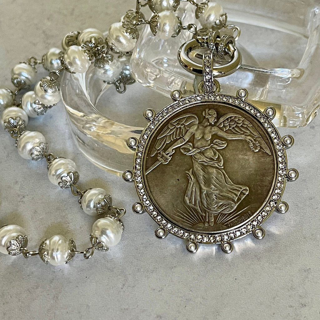 Silver Vintage Coin Necklace-Porcelain Pearl Chain Necklace-Reproduction Coin Pendant-Pearl and Cubic Zirconia Bezel Coin-Spring Lock Clasp